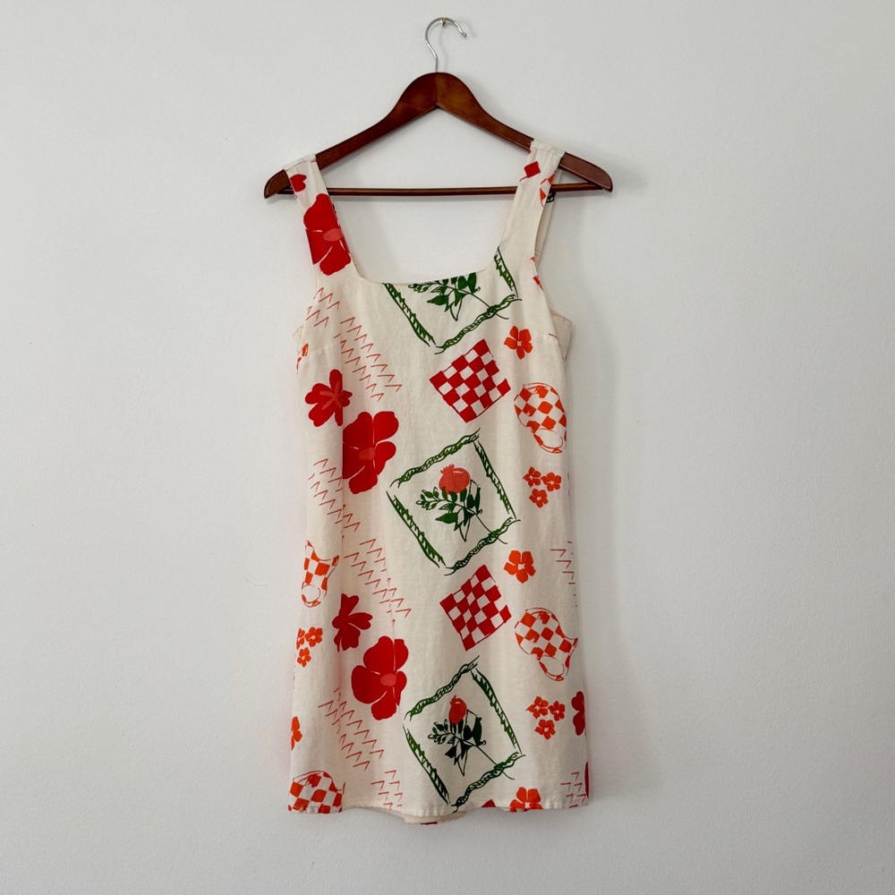 NWOT Japna Retro Floral Checker Amalfi Coast Picnic Linen Blend Mini Dress M